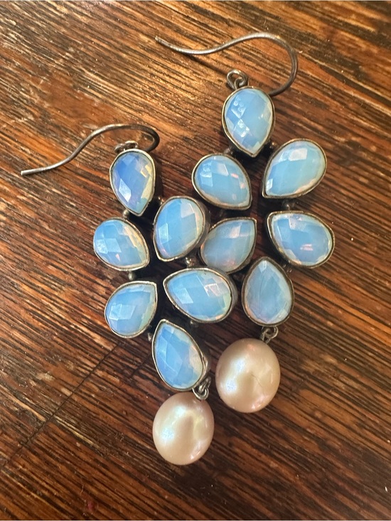 ashleigh Branstetter Jewelry - Opalescent Blue Teardrop & Pearl Dangle Earrings